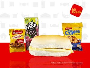 Escolha de Kit Lanche-Suco 200ml, cookie, biscoito doce e sanduíche.