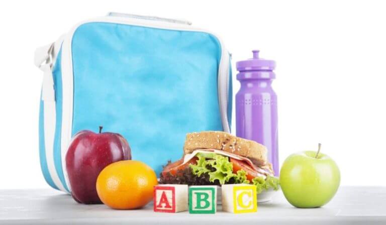 lancheira infantil com frutas, sanduíche e água.