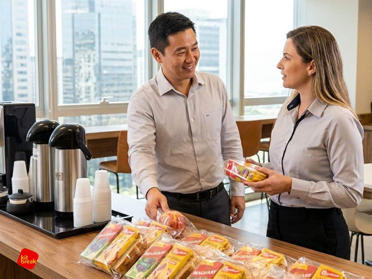 Profissionais pegando kit lanche corporativo individual em escritório no Rio de Janeiro com kits flow pack organizados na bancada.