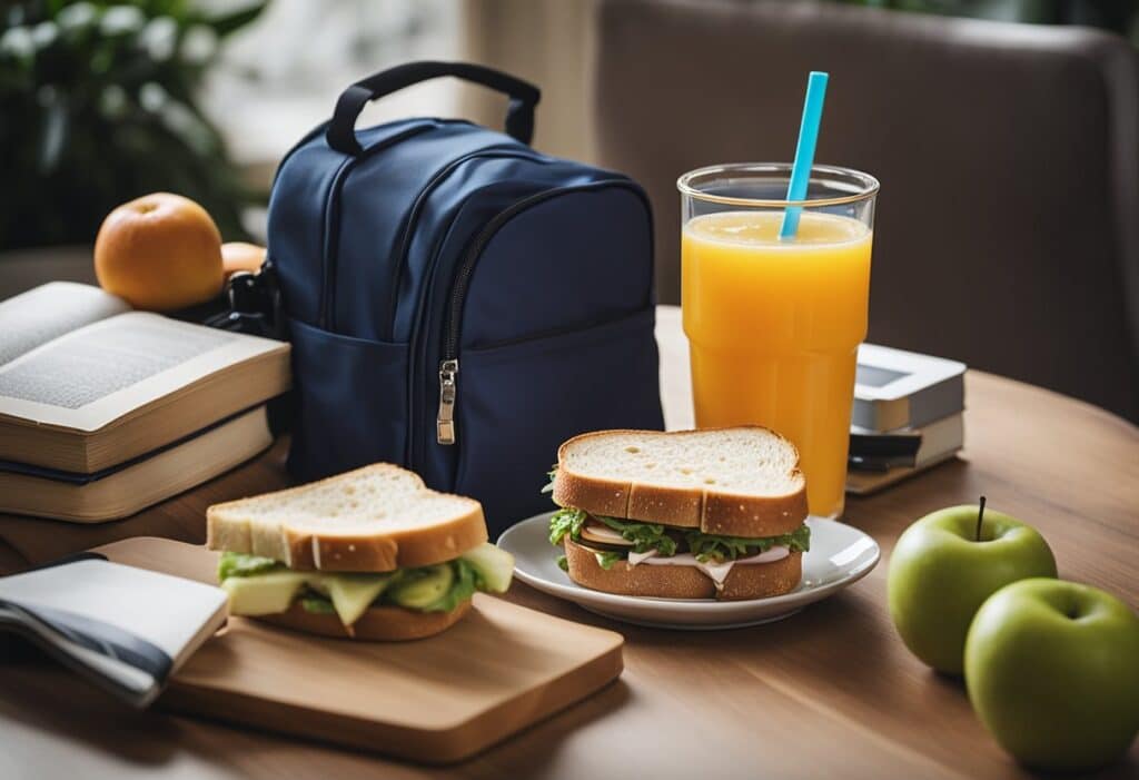 Mesa com uma lancheira escolar sanduiches, suco e frutas.