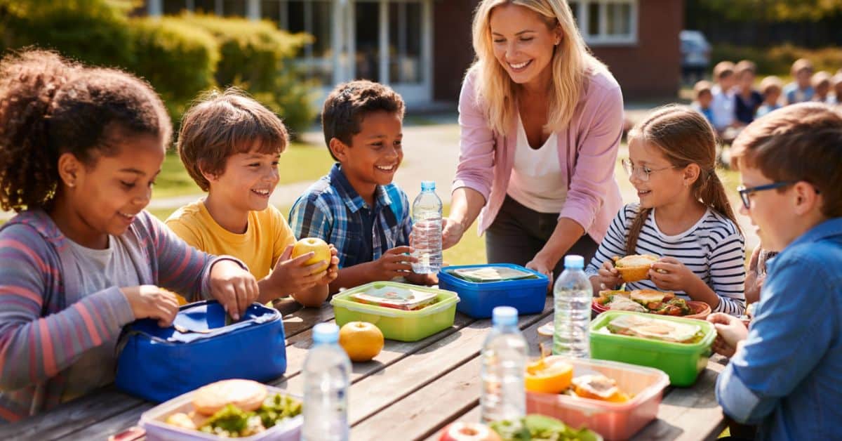 professora com alunos lanchando.