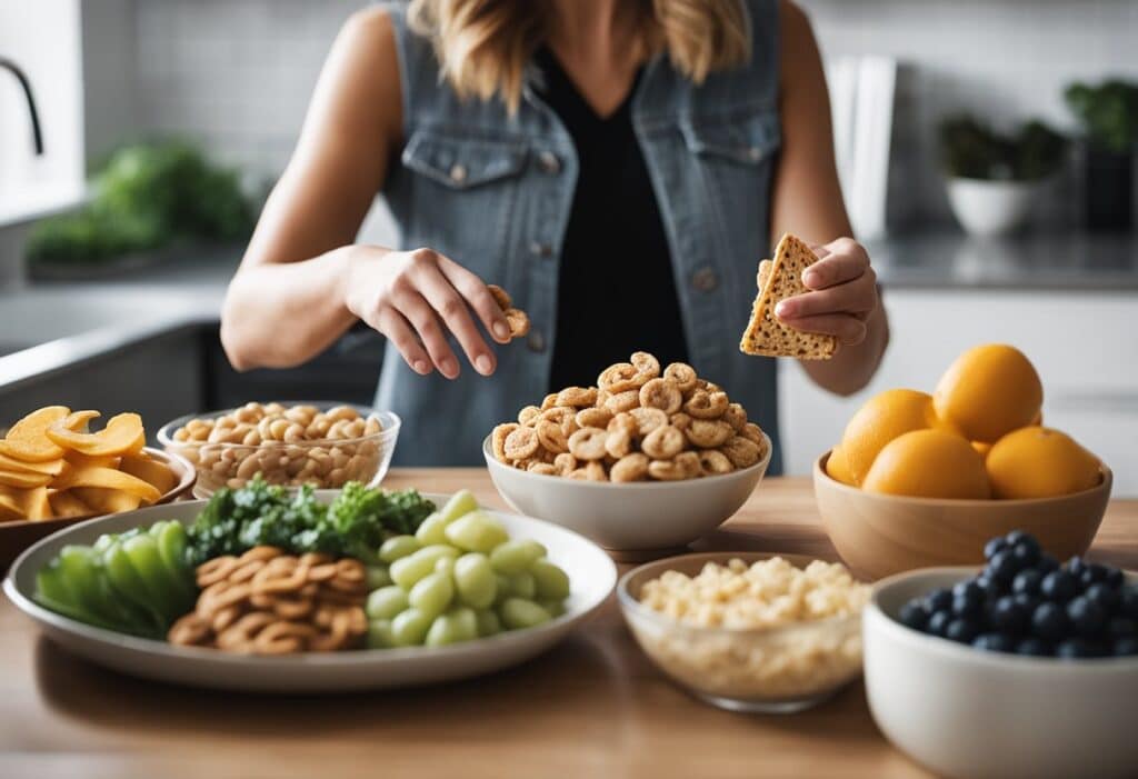 Mulher em frente a uma mesa com produtoa saudáveis preparando lanches rápidos e saudáveis.