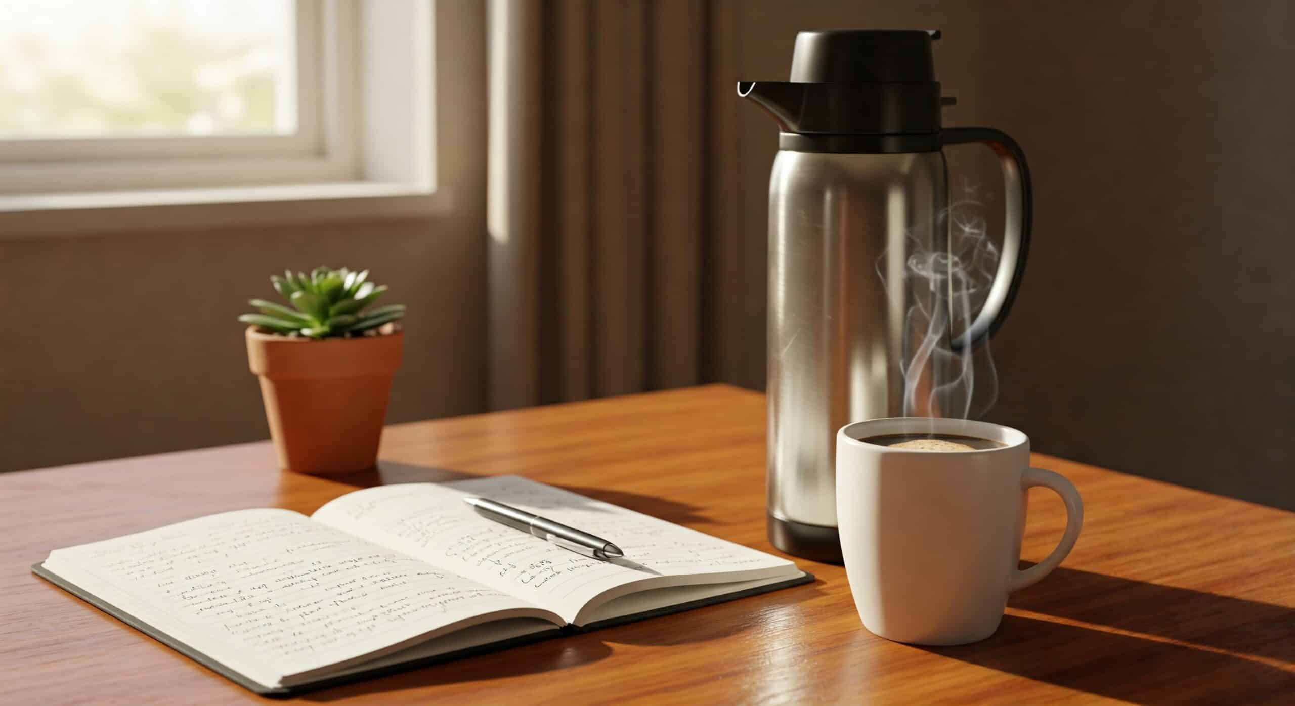 Café no trabalho. Xícara de café fumegante em mesa de escritório, com garrafa térmica e livro aberto. Luz da manhã cria atmosfera aconchegante.