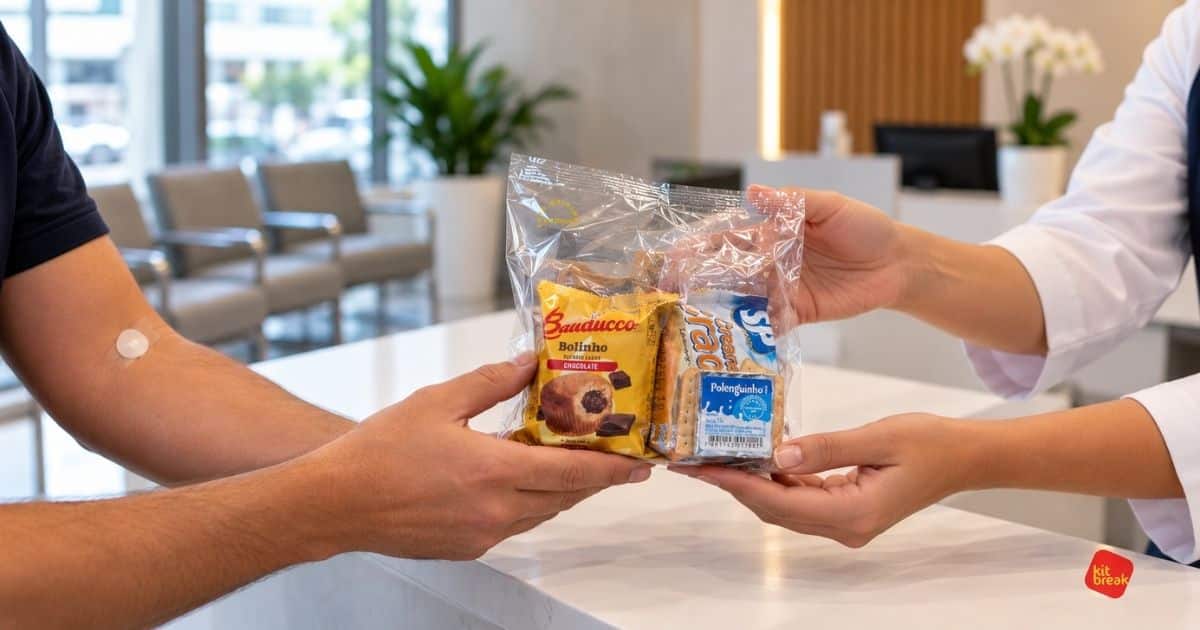 Kit Lanche individual lacrado para desjejum pós-exames em clínica no Rio de Janeiro, pronto para entrega aos pacientes