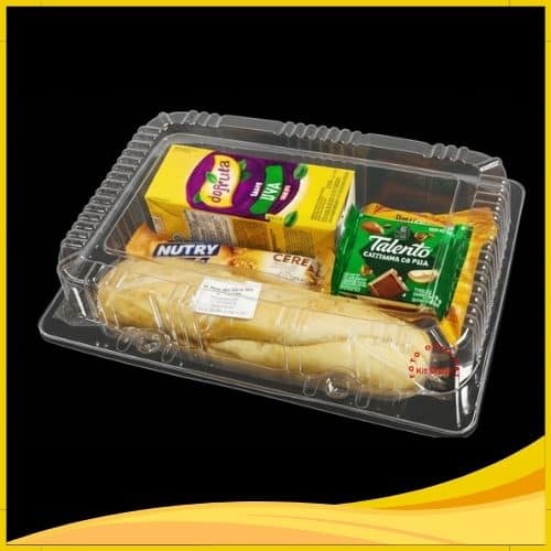 Kit lanche corporativo para reunião contento Suco 200ml, Baguete (Recheio de Pasta de Frango c/ Milho), Minibolo, Barra de Cereal e Chocolate.