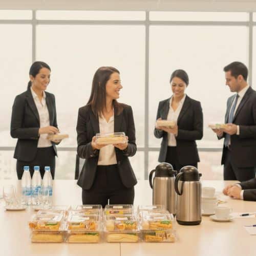 Pessoas segurando um kit lanche coffee break