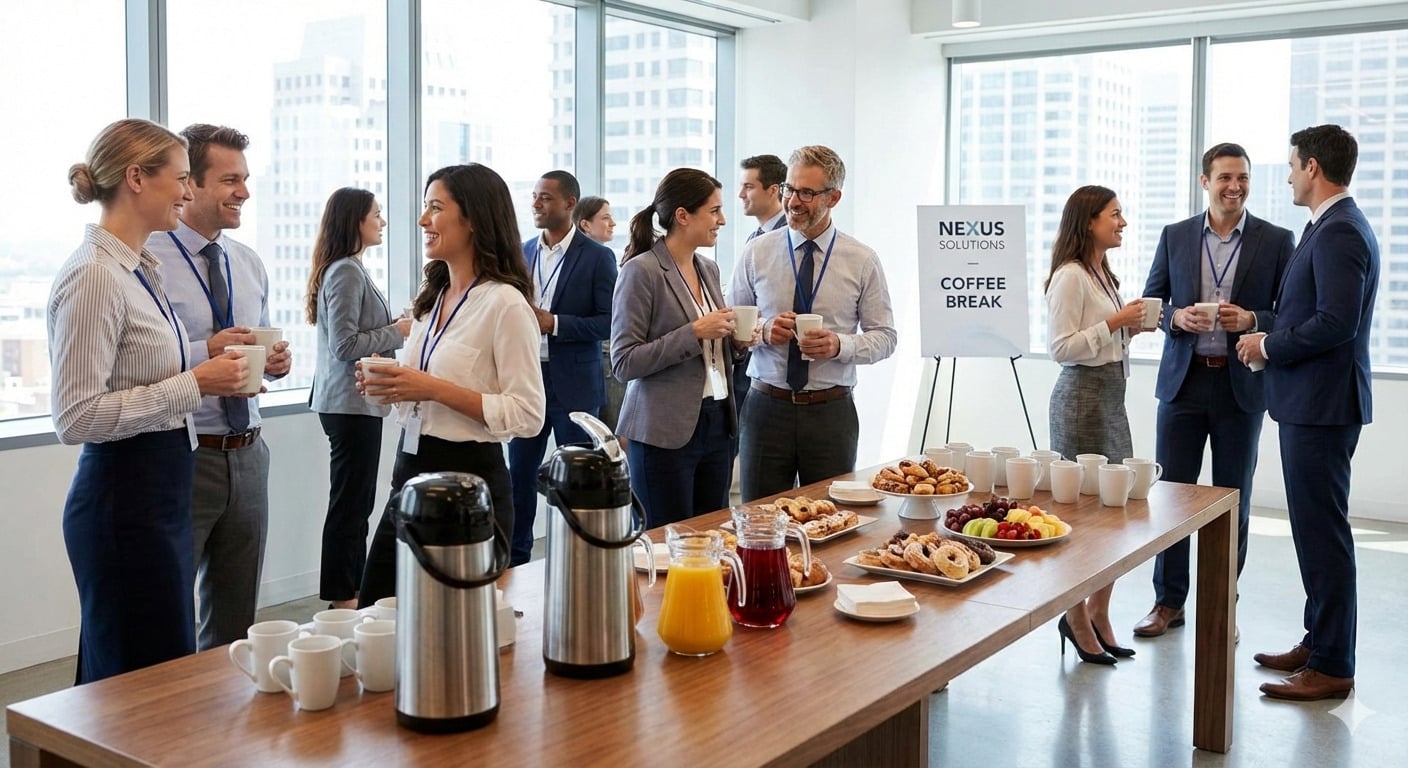 Coffee Break Corporativo. 1 Pessoas interagindo numa pausa para cofffe break na empresa.