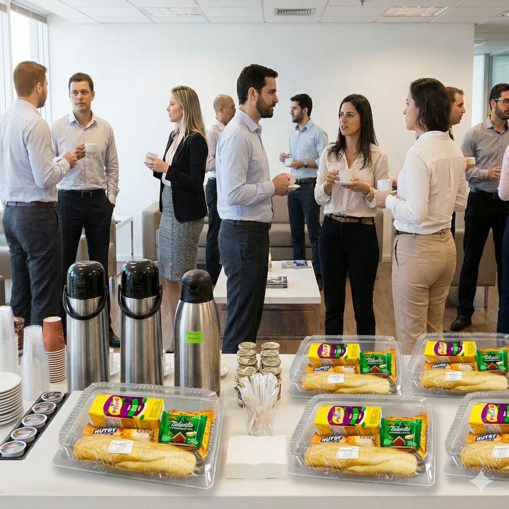 Grupo de trabalho reunido para um coffee break.