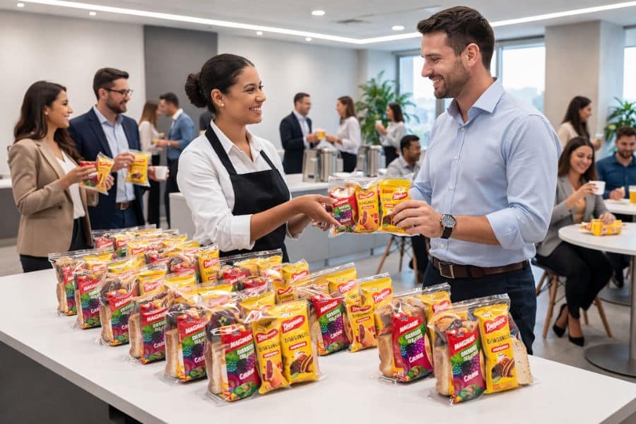 Atendente entregando kit lanche individual em ambiente corporativo