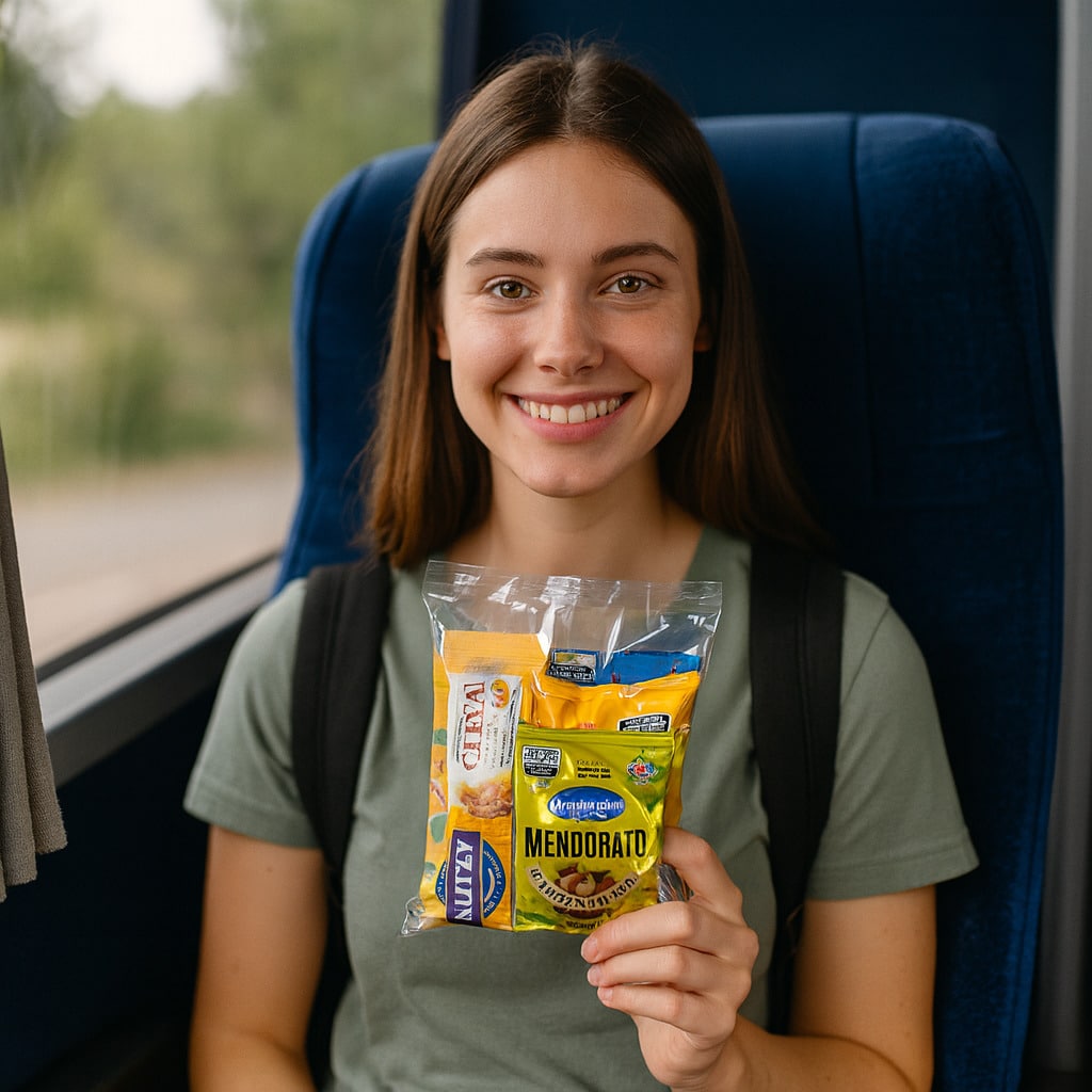 Menina segurando um kit lanche na poltrana de um ônibus. Pronta e prático para consumir em qualque lugar.
