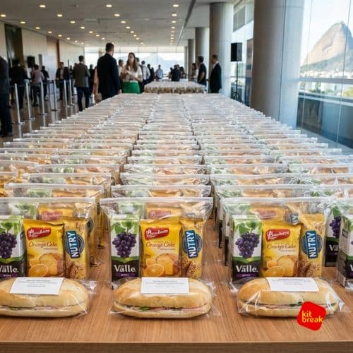 Kit Lanche para Eventos no Rio de Janeiro 1 Kit lanche organizado em fileiras em cima de uma mesa para facilitar a distribuição no evento.