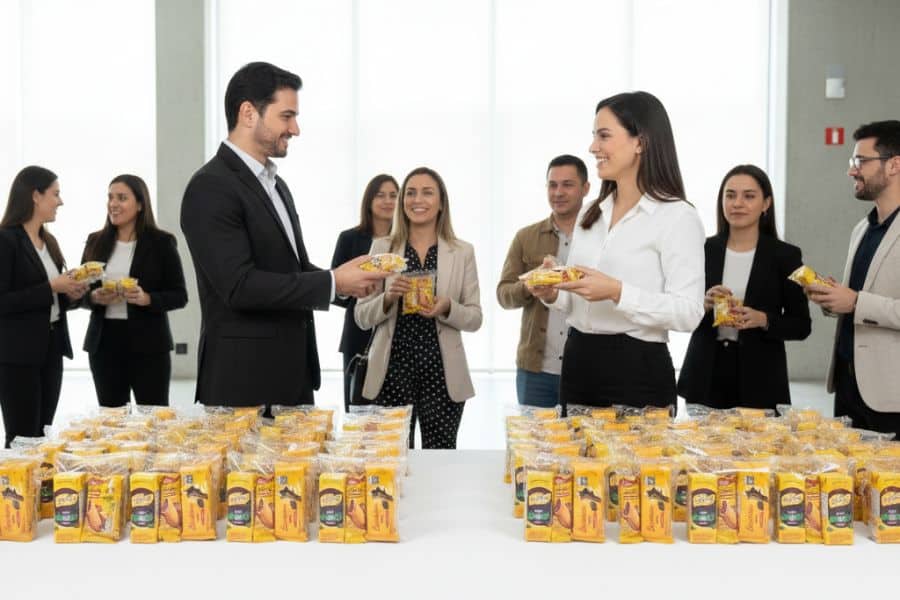 Distribuição organizada de kit lanche individual em evento corporativo