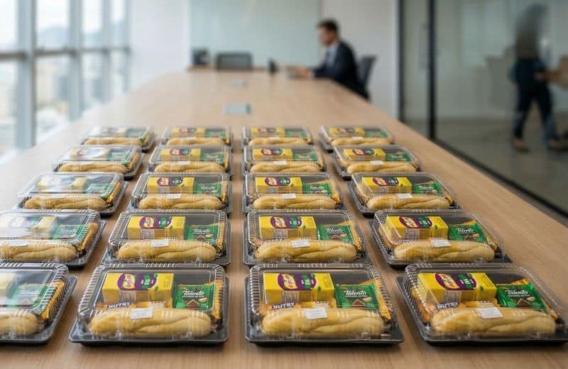 Kit lanche individual organizado em fileiras sobre mesa em evento corporativo no Rio de Janeiro