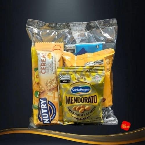 Kit lanche sem perecível para empresas com suco, biscoito, minibolo, barra de cereal e amendoim, embalado individualmente e fácil de distribuir em eventos