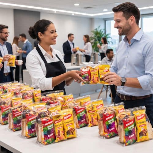 Coffee break simples com kits individuais sendo distribuídos em evento corporativo no Rio de Janeiro.