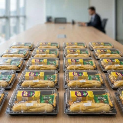 Coffee break simples com kits individuais organizados em mesa de reunião corporativa no Rio de Janeiro.