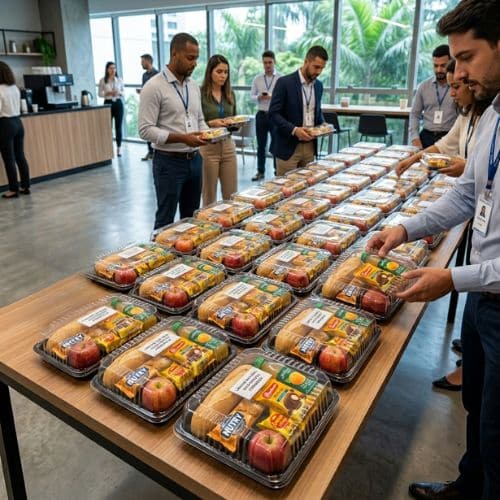 Coffee break simples com kits individuais organizados sobre mesa para distribuição prática em evento corporativo no RJ.