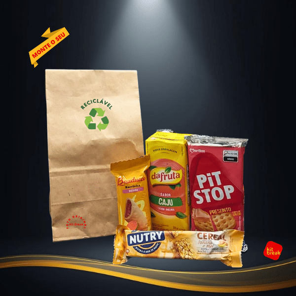 Kit lanche para evento em embalagem reciclável com suco, snack salgado, barra de cereal e minibolo para empresas e ações corporativas no RJ.