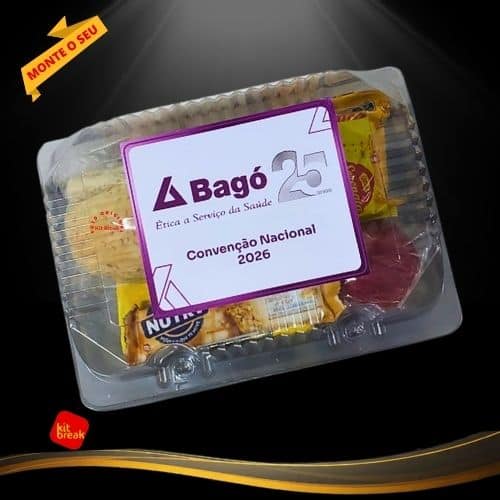 Kit lanche corporativo com embalagem personalizada com a marca da empresa para eventos no Rio de Janeiro.