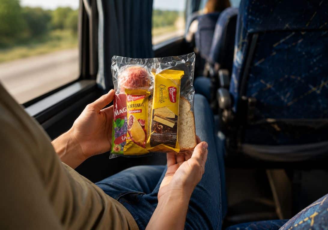 Passageiro com kit lanche individual lacrado no colo durante viagem de ônibus no RJ.