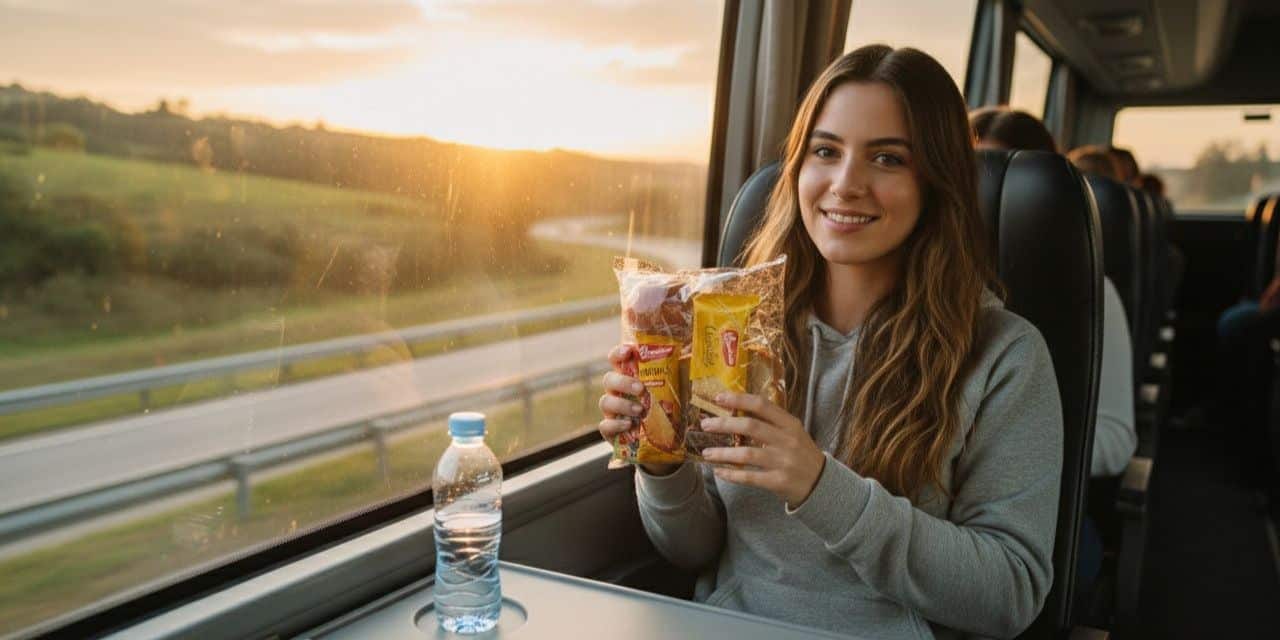 Passageira dentada segurando um kit lanche individual durante viagem uma excursão no RJ.