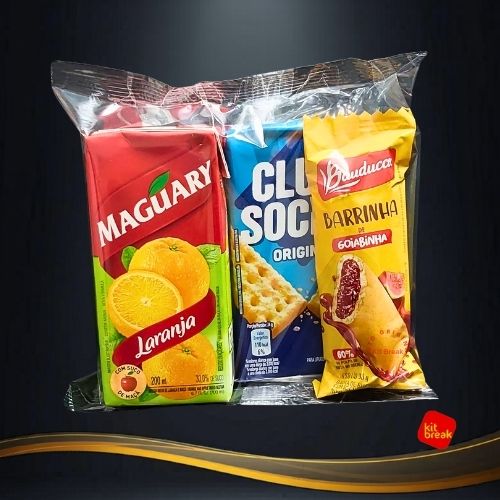 Kit Lanche para Excursão de Ônibus | Fácil Distribuição. 4 Kit lanche para viagem curta no Rio de Janeiro com suco, biscoito Club Social e barrinha de goiabinha.