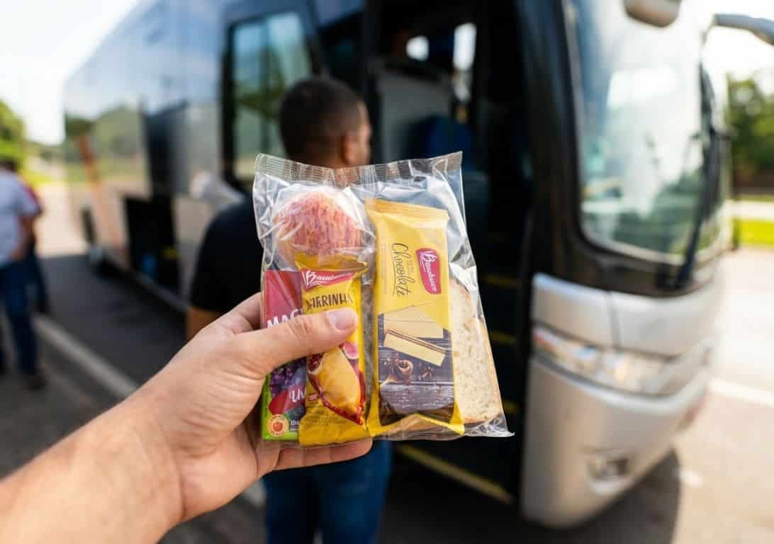 Entrega de kit lanche individual lacrado para viagem de ônibus e excursão no Rio de Janeiro.