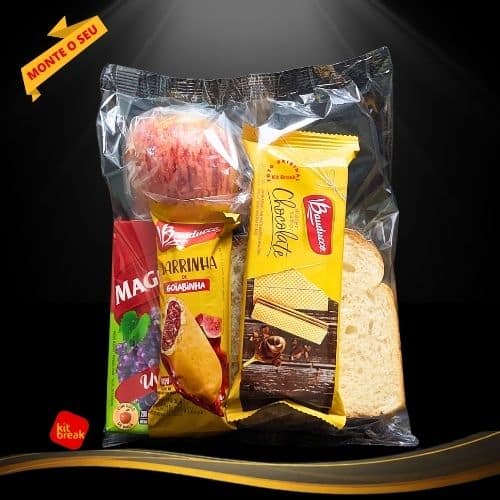 Kit lanche individual com maçã, biscoito e suco para eventos corporativos.