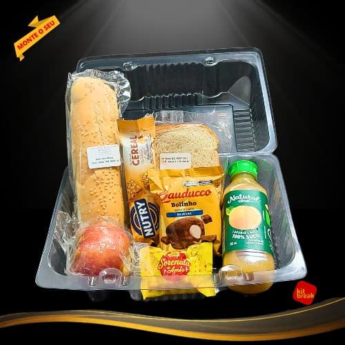 Kit Lanche completo em caixa box para evento corporativo com sanduíches, suco, fruta e snacks embalados individualmente, fácil de distribuir e higienizado