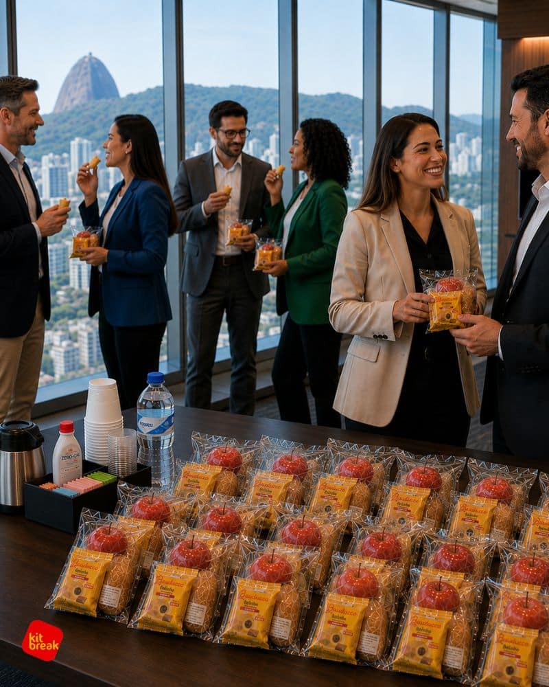 Kit lanche Kit Break lacrado individualmente servido em evento corporativo no Rio de Janeiro