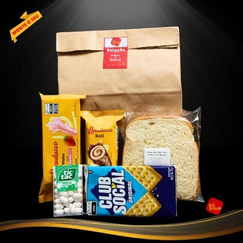 Kit Lanche corporativo em embalagem de papel kraft com sanduíche em selagem flowpack e snacks variados para eventos.