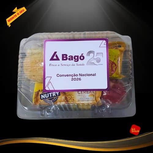 Kit Lanche em caixa box personalizada para convenção nacional com baguete de frango e frutas, garantindo higiene e organização.
