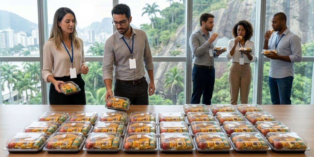 Profissionais pegando Kit Lanches individuais e lacrados em uma mesa de coffee break corporativo, sem equipe de serviço, em escritório no Rio de Janeiro