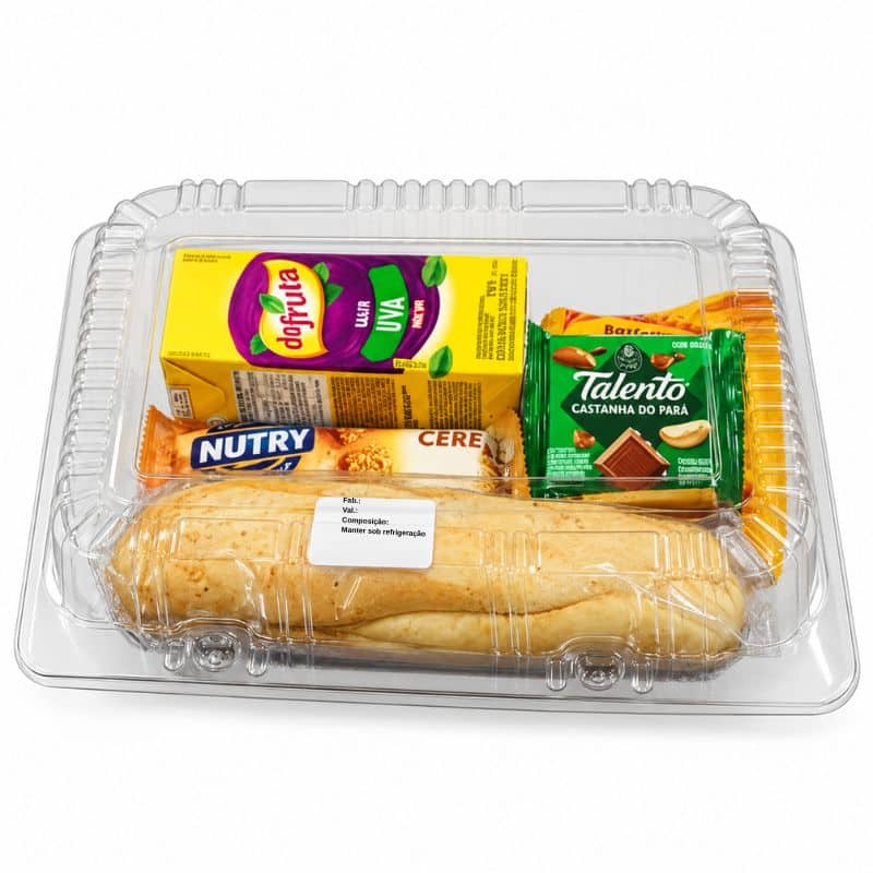 Kit Lanche individual em box transparente com sanduíche, suco, barra de cereal e chocolate, para coffee break de reuniões e workshops