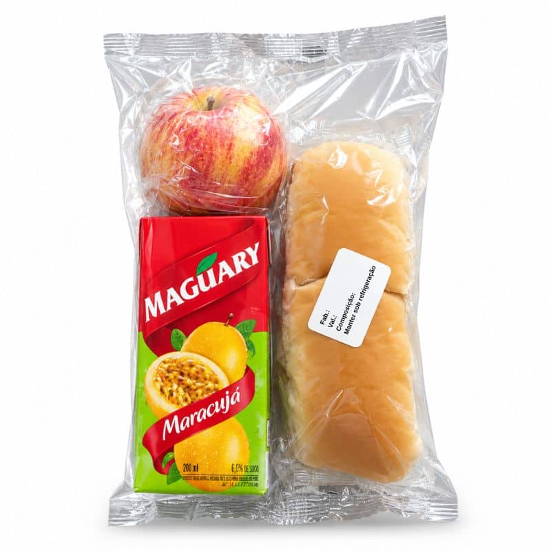 Kit Lanche para coffee break com perecíveis, lacrado em Flow Pack, com pão, maçã e suco de caixinha