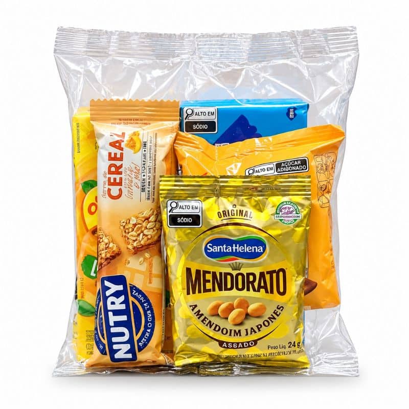 Lanche para coffee break sem perecíveis, lacrado em Flow Pack, com barra de cereal, amendoim, biscoito e suco de caixinha, itens que dispensam refrigeração